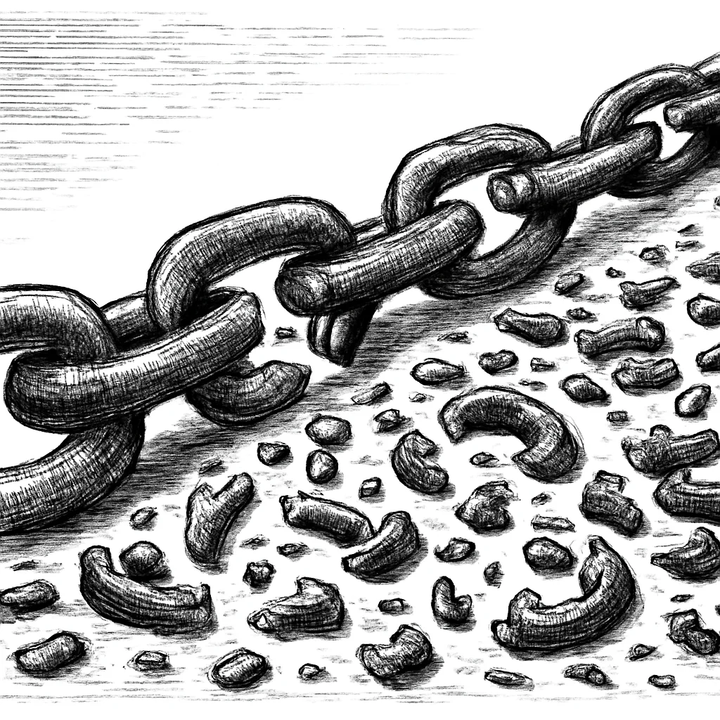 Illustration: a massive chain with hundreds of broken links scattered on the ground