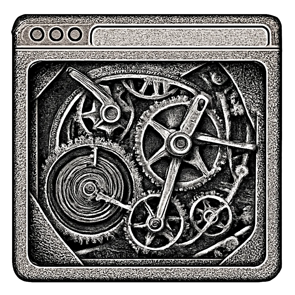 Illustration: a cutaway cross-section showing inner clockwork of a browser window