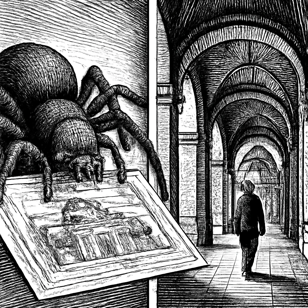 Illustration: a spider reading blueprints versus a person walking through a building