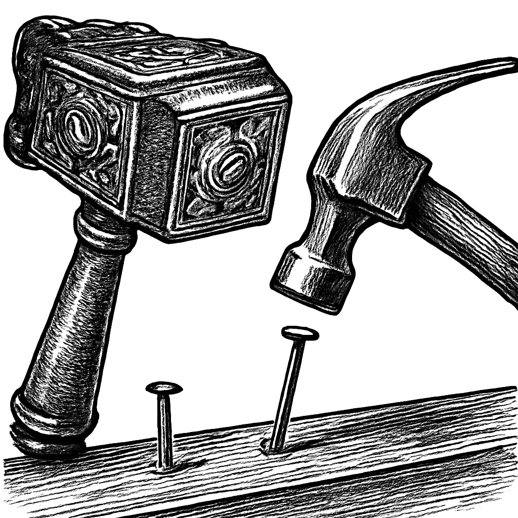 Illustration: a massive ornate hammer next to a simple hammer, both driving nails