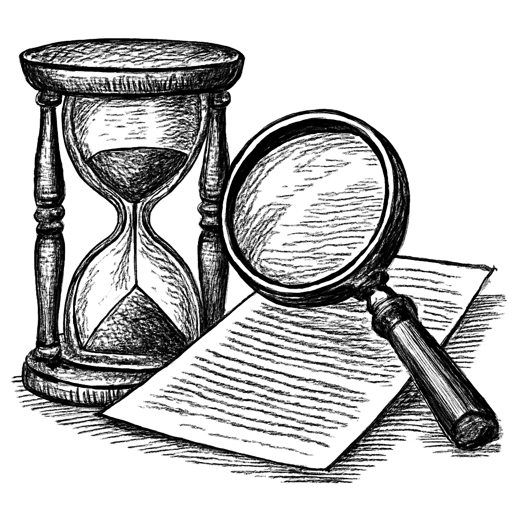 Illustration: an hourglass next to a magnifying glass examining a document