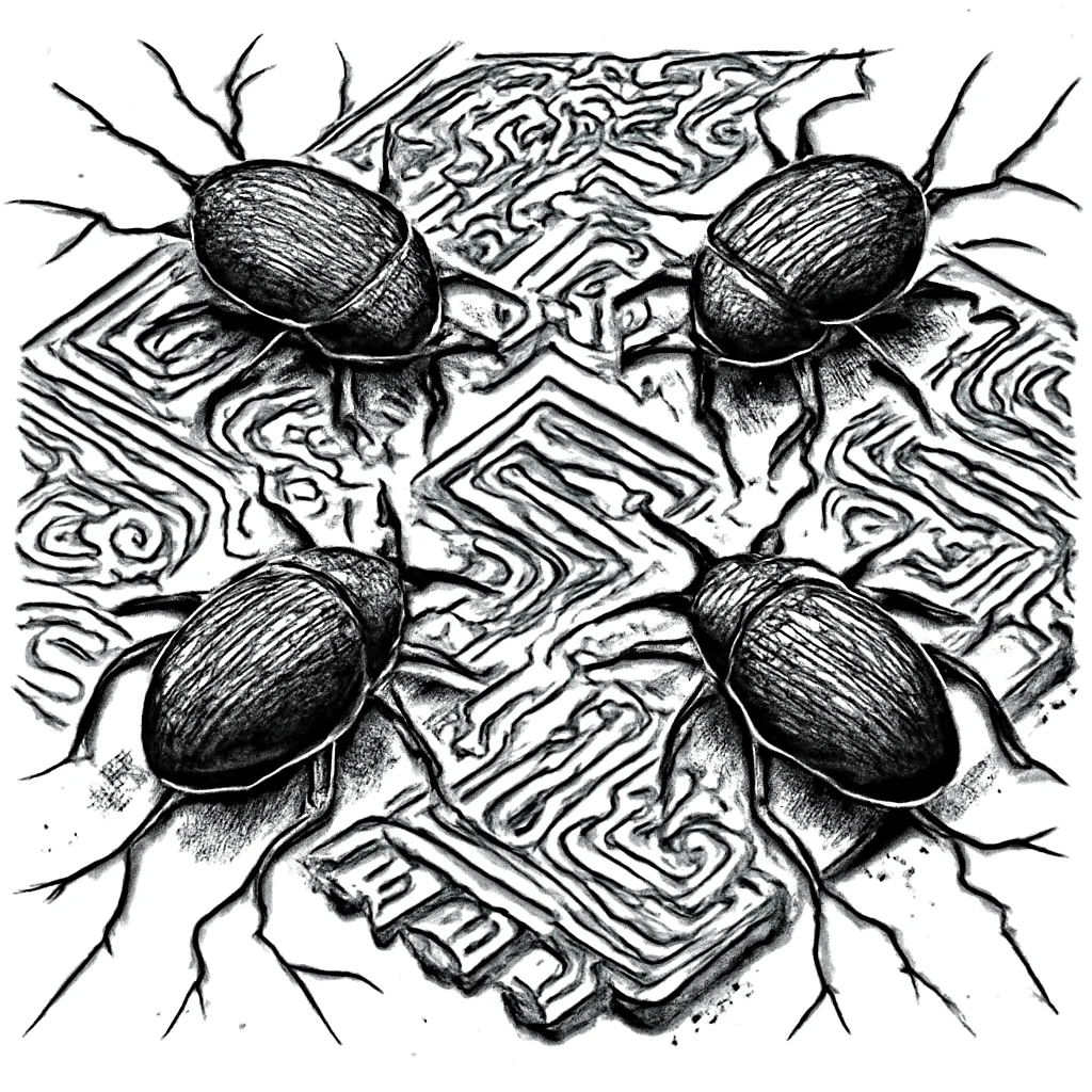 Illustration: beetles on a circuit board causing cracks to radiate outward