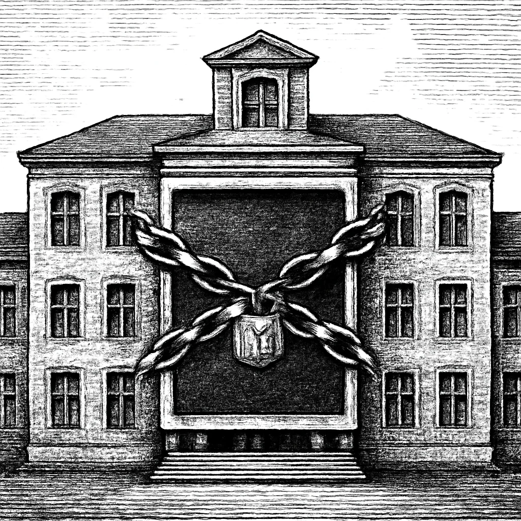 Illustration: a hospital building with chains wrapped across its digital portal