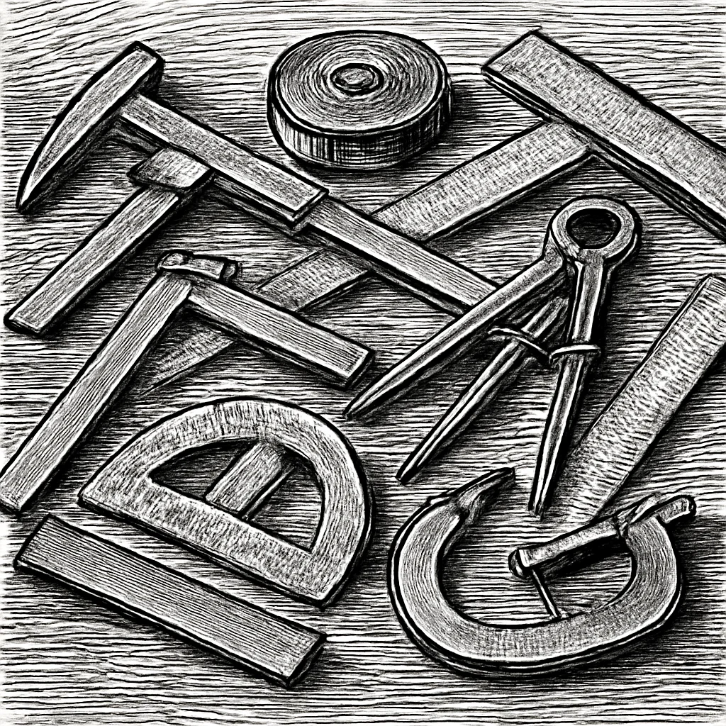 Illustration: an array of measuring instruments and tools spread across a workbench