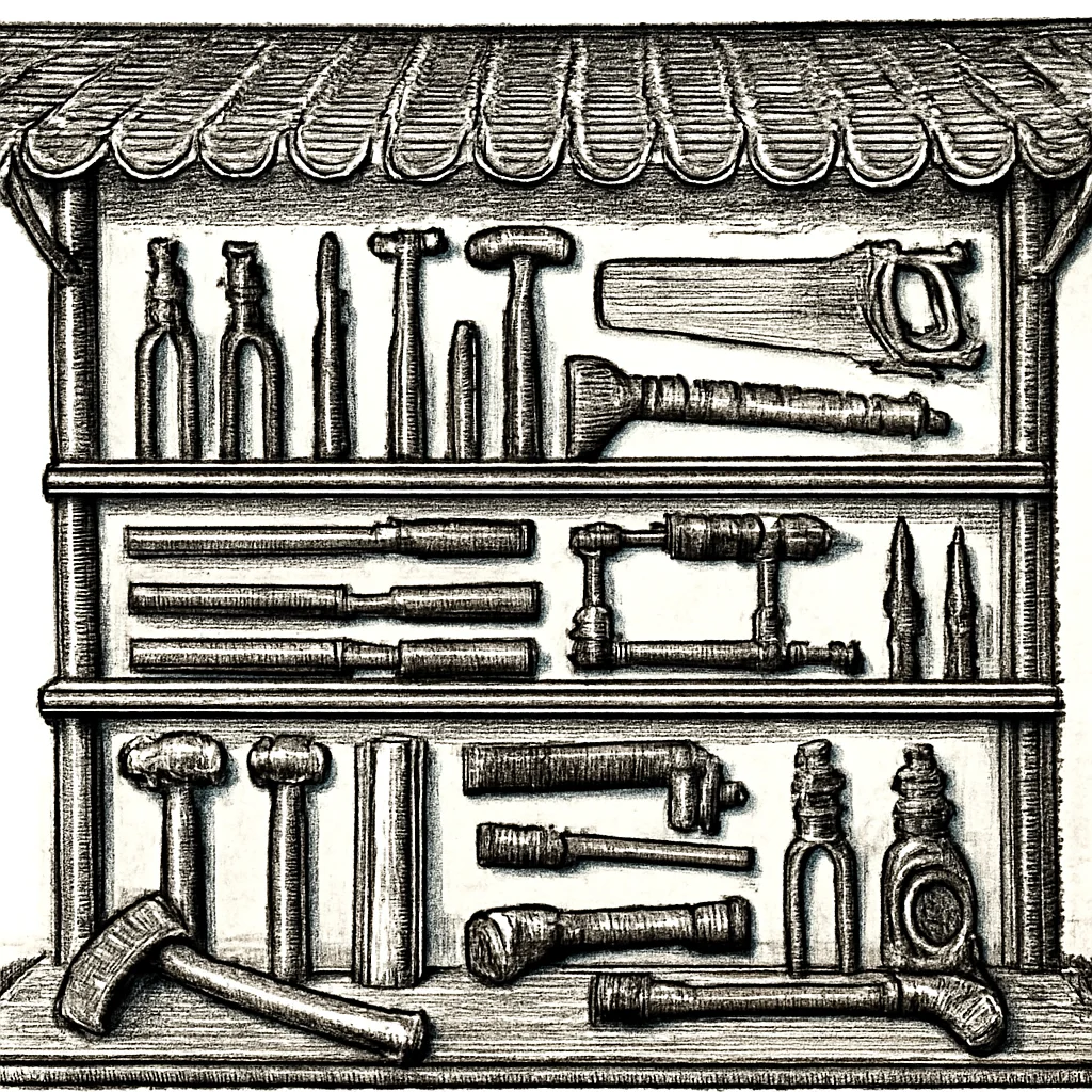 Illustration: a market stall displaying tools at different price tiers