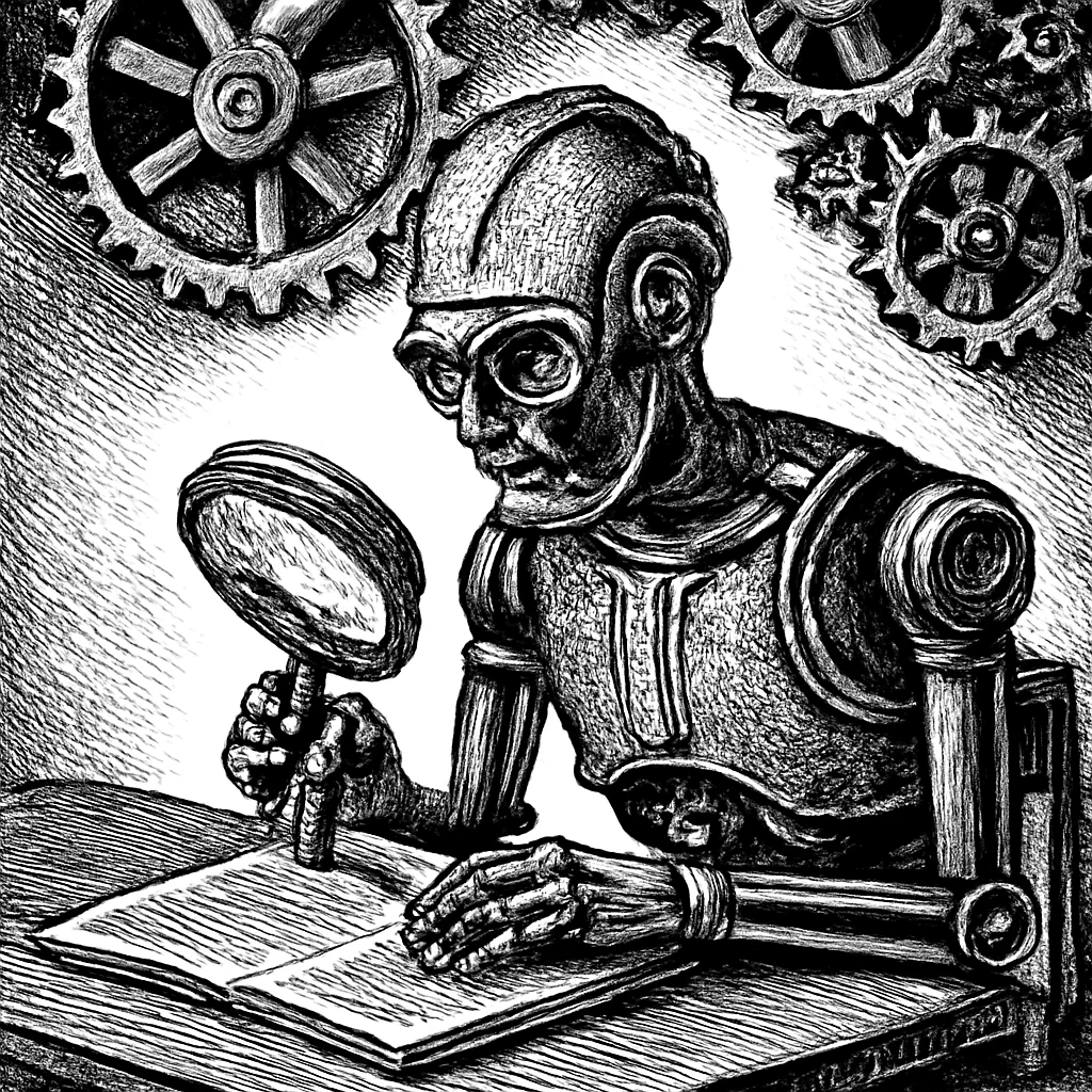 Illustration: a clockwork automaton scanning documents with a magnifying glass