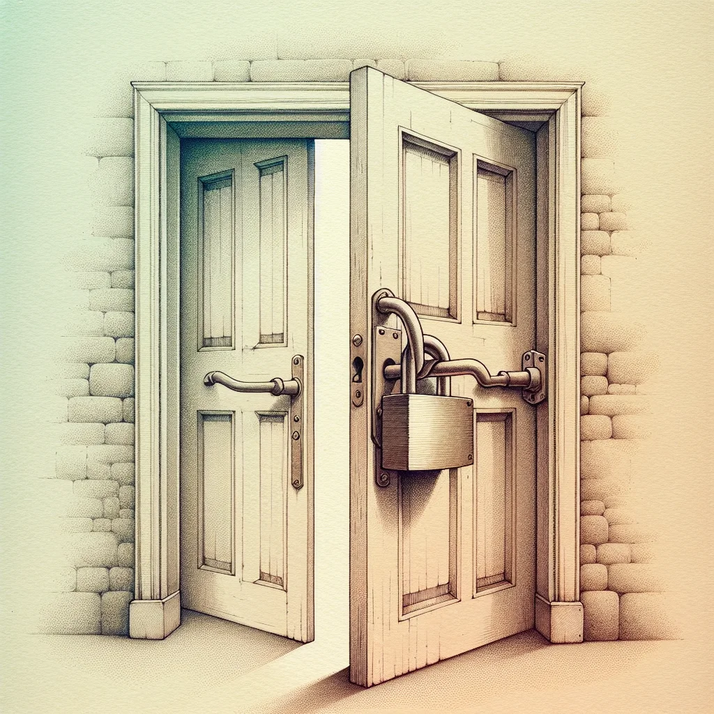 Illustration: a large padlock on a door that looks secure from the front but from the side shows wide open gaps around it