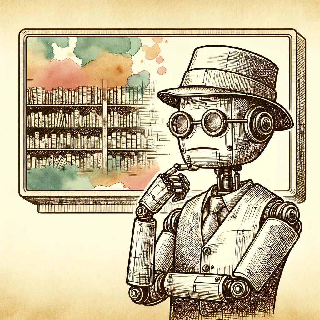 Illustration: a studious robot with reading glasses looking confused at a blank page while the same page appears beautifully rendered on a screen behind it