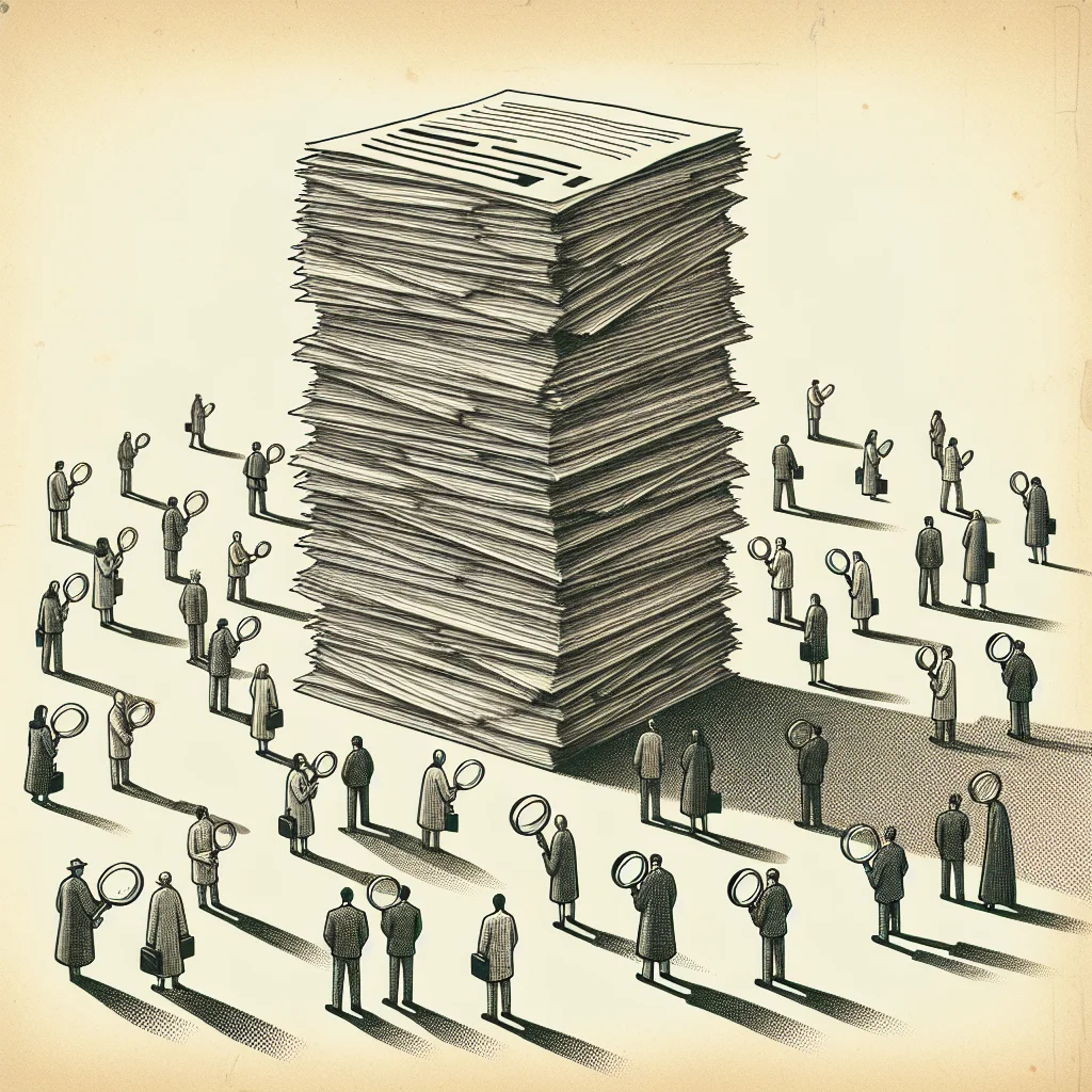 Illustration: a towering stack of legal documents casting a long shadow over tiny website visitors with magnifying glasses